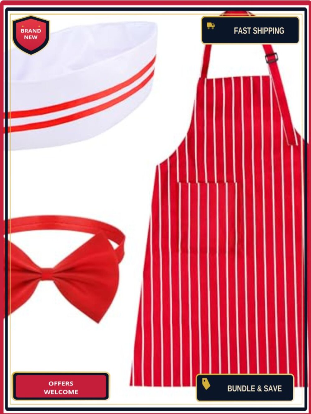 1950s Waiter Costume Kit Soda Jerk Apron Hat Bow Tie Adult One Size